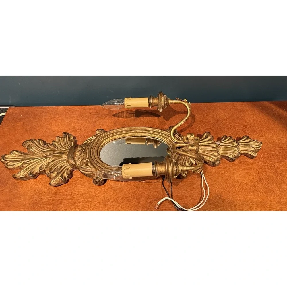 Vintage Italian Style Gilded Wooden Mirror Double Arm Light Wall Sconce